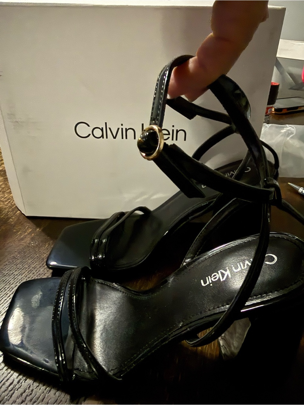 Calvin Klein Black Patent Strappy Ankle-Heels